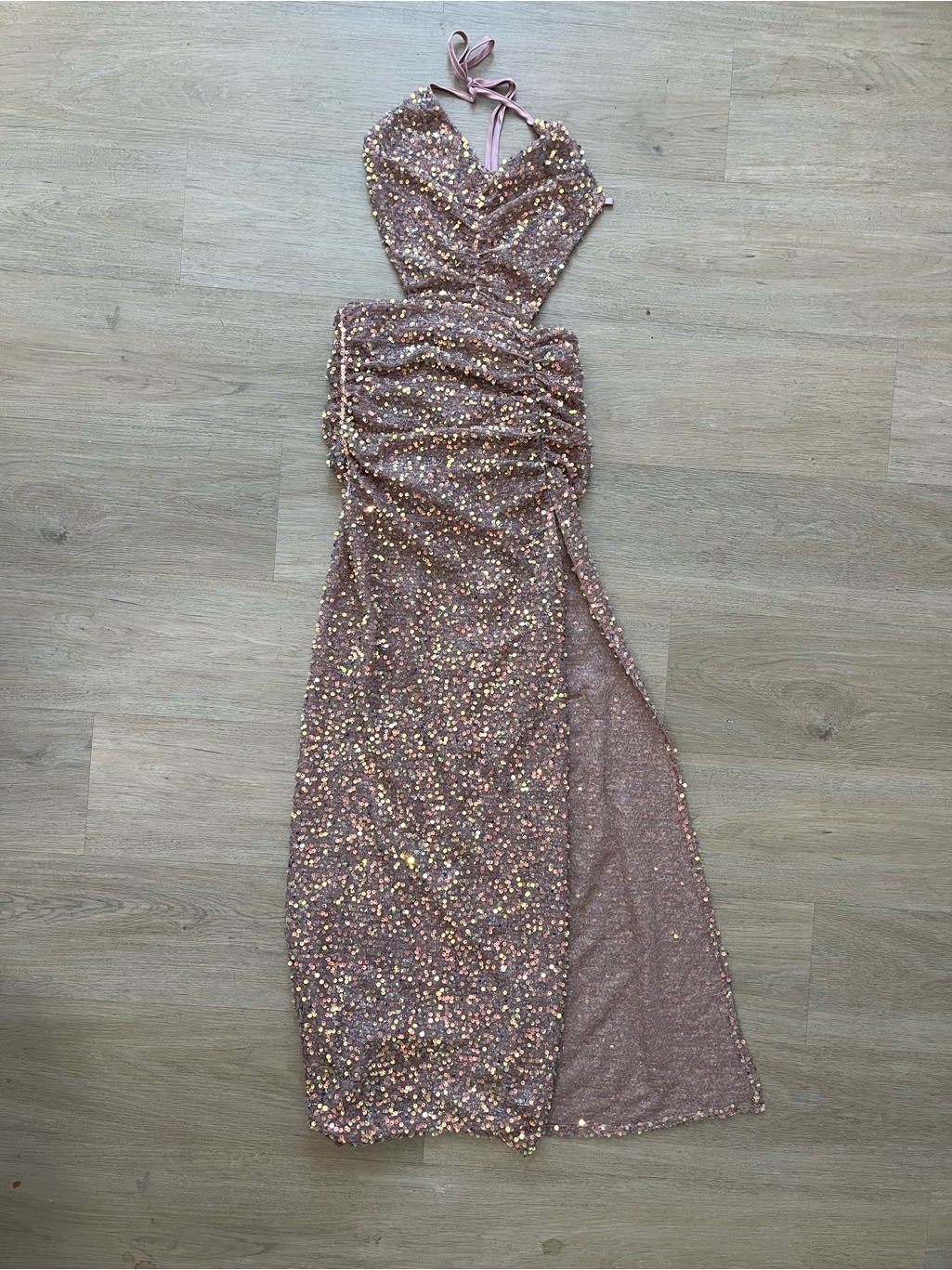 Luxxel Rose Gold Sequin Halter Gown With Side Slit